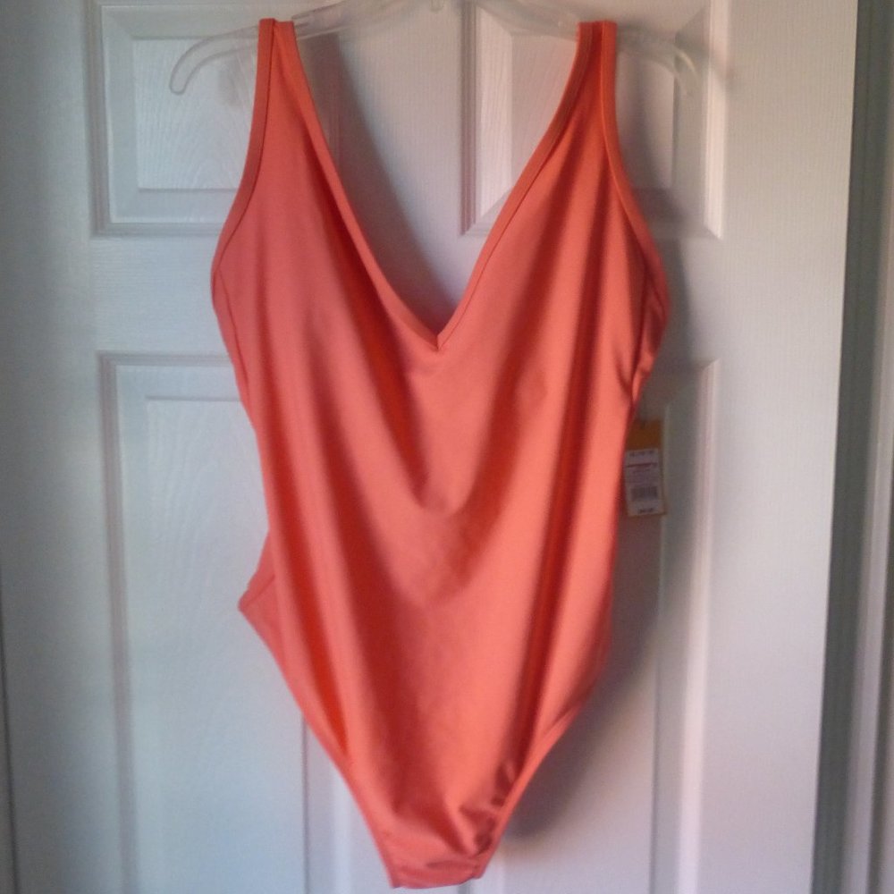 Kona Sol Orange/Coral V Neck One Piece Swimsuit XL NWT